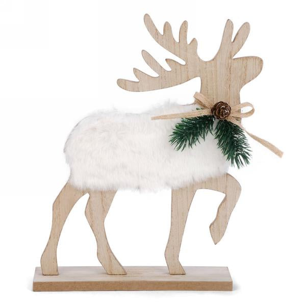 White Fur Natural Wooden Deer