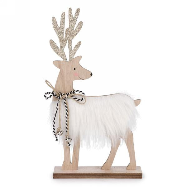 White Fur Wooden Deer w Gold Glitter Antlers