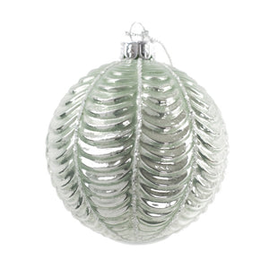 Scalloped Green & Silver Glass Ball Ornament