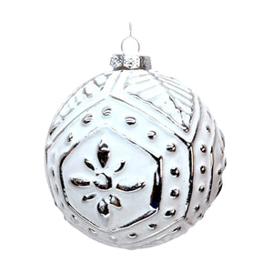 Detailed White & Silver Glass Ball Ornament