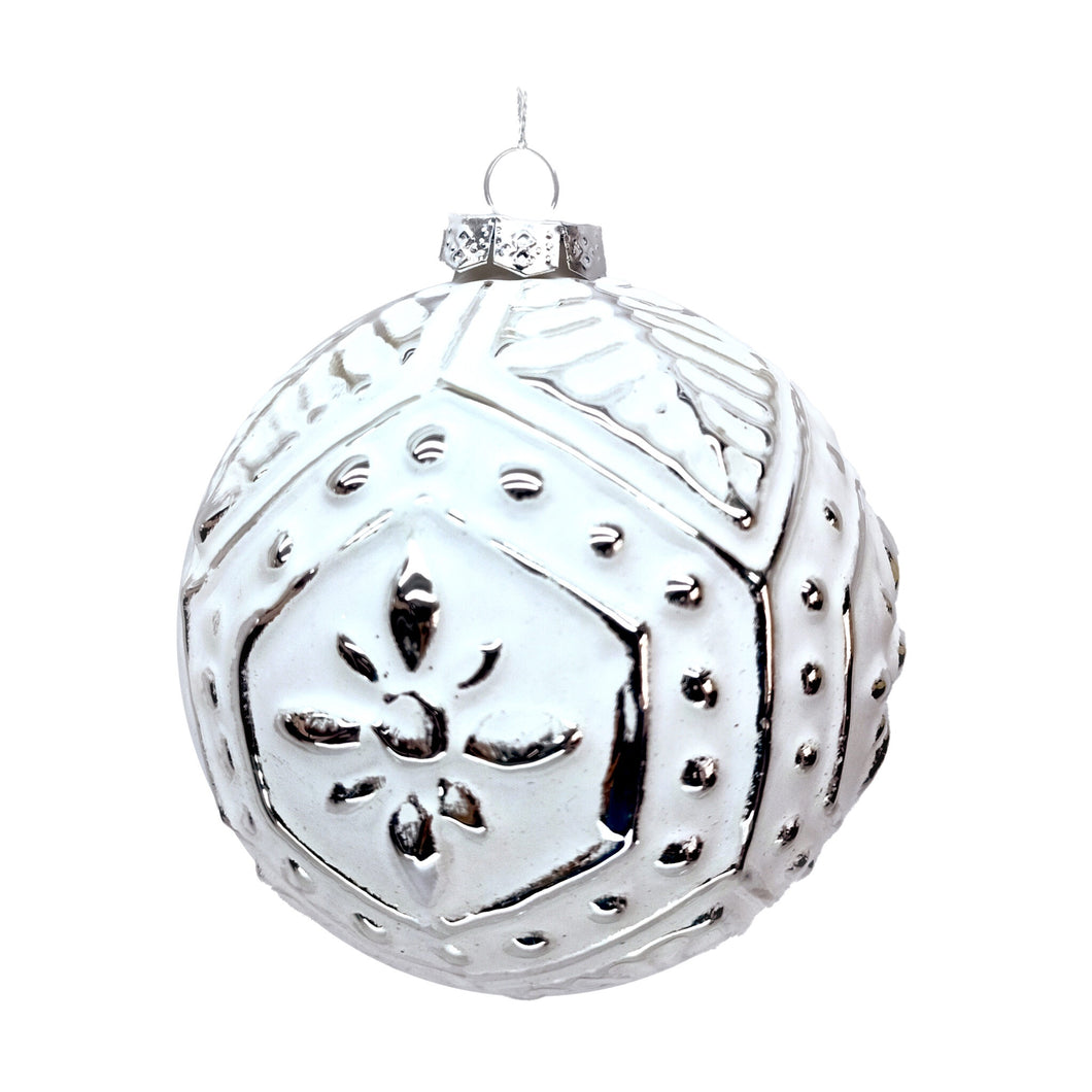 Detailed White & Silver Glass Ball Ornament