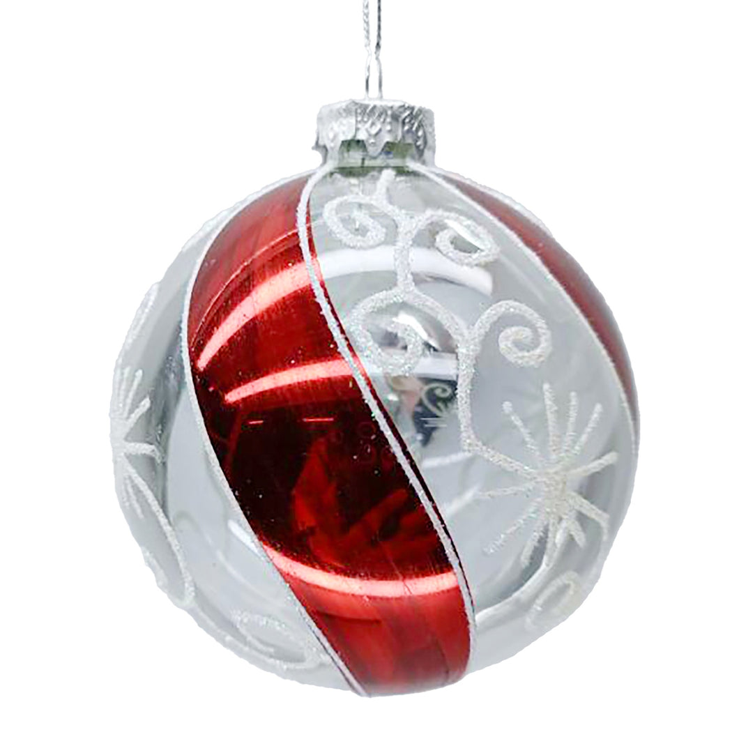 Swirling Red & Silver Glass Ball Ornament