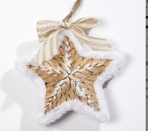 White Fur Trimmed Wooden Star with Bow